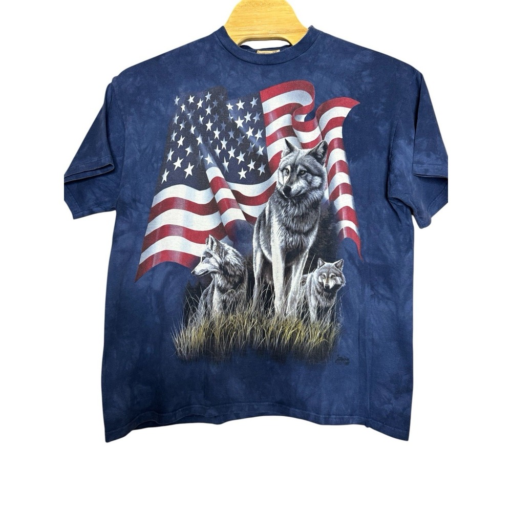 The Mountain Men's 2XL Vintage Blue T-Shirt "Wolf Flag" XXL Leather Tag
